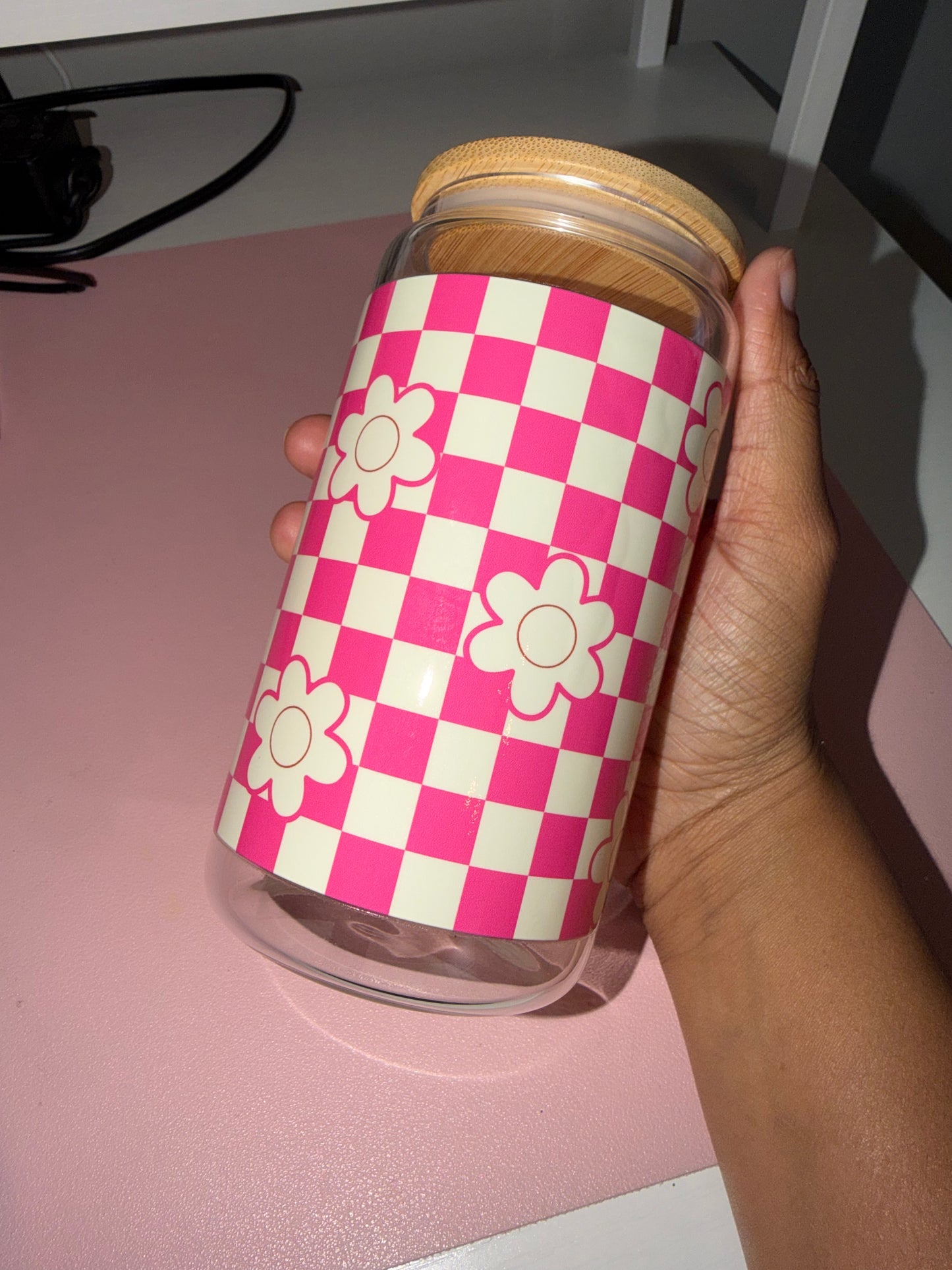 16oz Pink Checkered Glass Cup